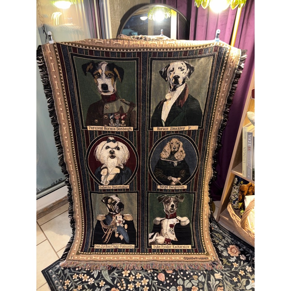 Goodwin Weavers Woven Tapestry Throw Blanket Aristocratic Dogs 42x60 Fringed